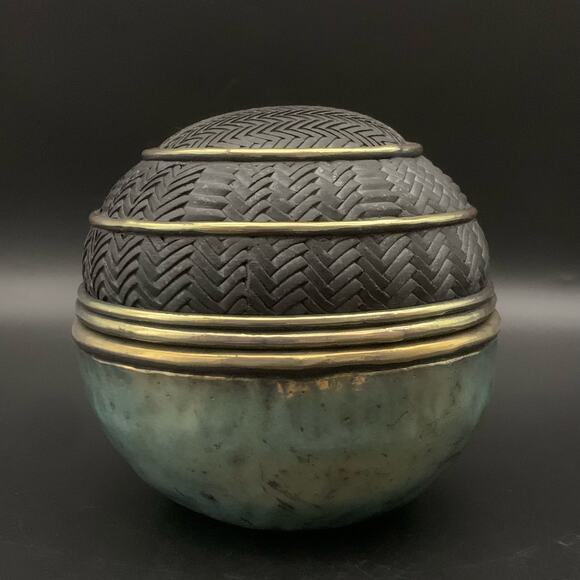 Candone Wharton Raku Pottery Basketweave & Glaze Vessel Bowl SIGNED with Lid - Picture 4 of 16